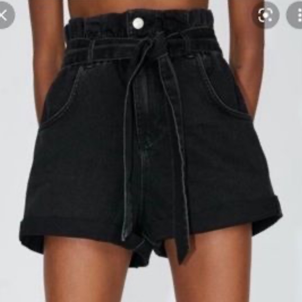 Zara black high rise denim‎ shorts w/ waist tie